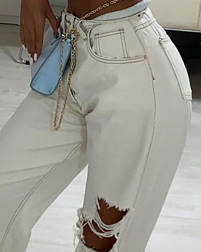 Ripped Cutout High Waist Pocket Design Jeans