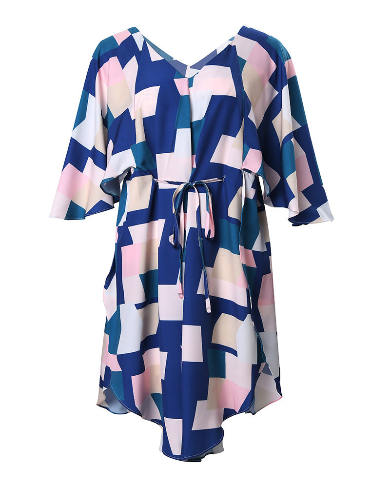 Geometric Print Batwing Sleeve Asymmetrical Dress