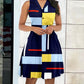 Geometric Print Colorblock Buttoned Casual Dress