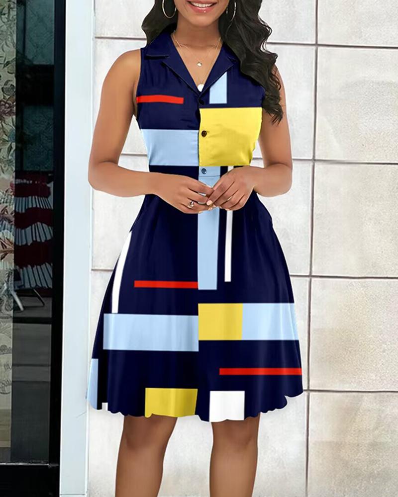 Geometric Print Colorblock Buttoned Casual Dress