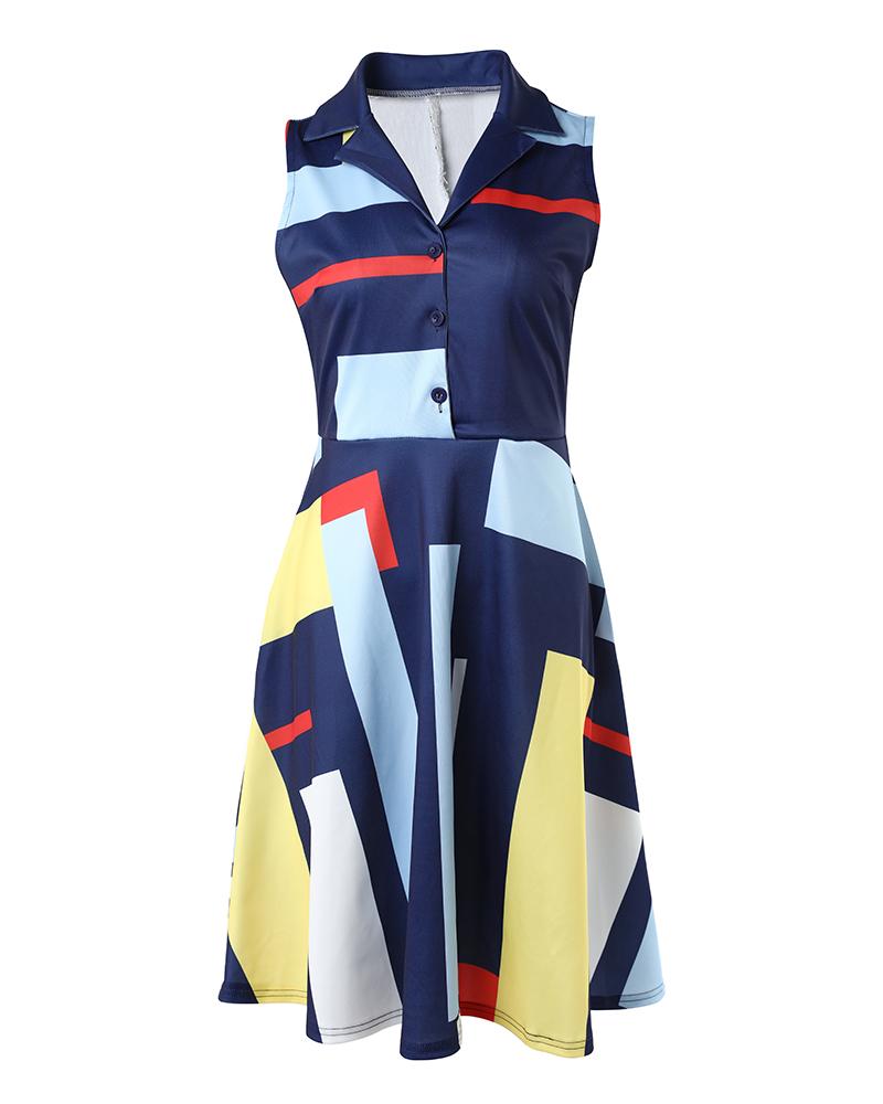 Geometric Print Colorblock Buttoned Casual Dress