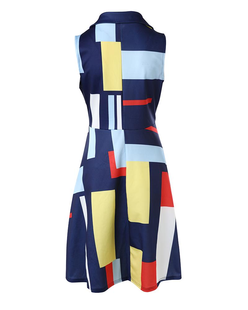 Geometric Print Colorblock Buttoned Casual Dress