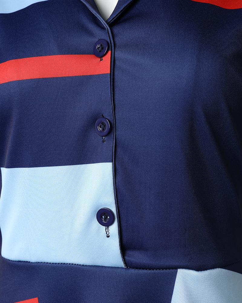 Geometric Print Colorblock Buttoned Casual Dress