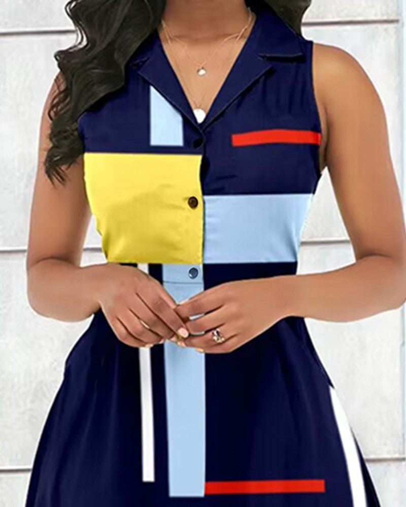 Geometric Print Colorblock Buttoned Casual Dress