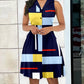 Geometric Print Colorblock Buttoned Casual Dress