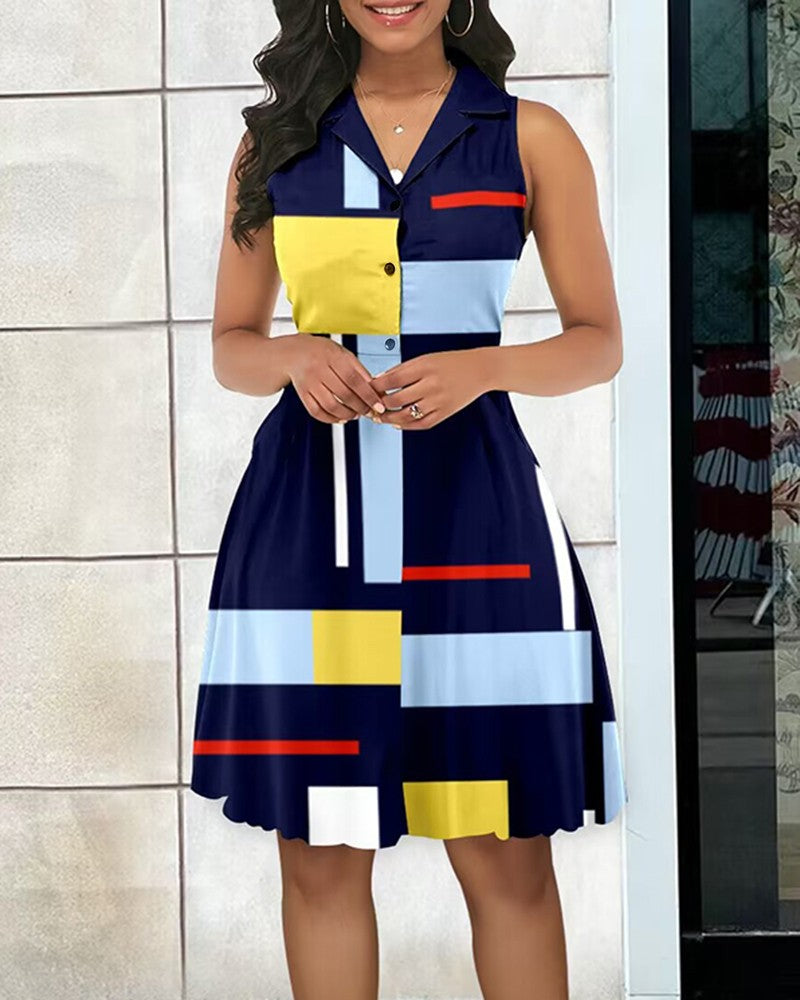 Geometric Print Colorblock Buttoned Casual Dress