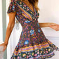 All Over Print V Neck Short Sleeve Dress
