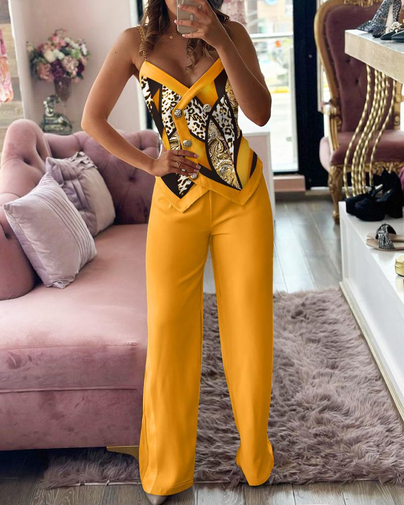 Scarf Leopard Print Double Breasted Cami Top & Straight Leg Pants Set