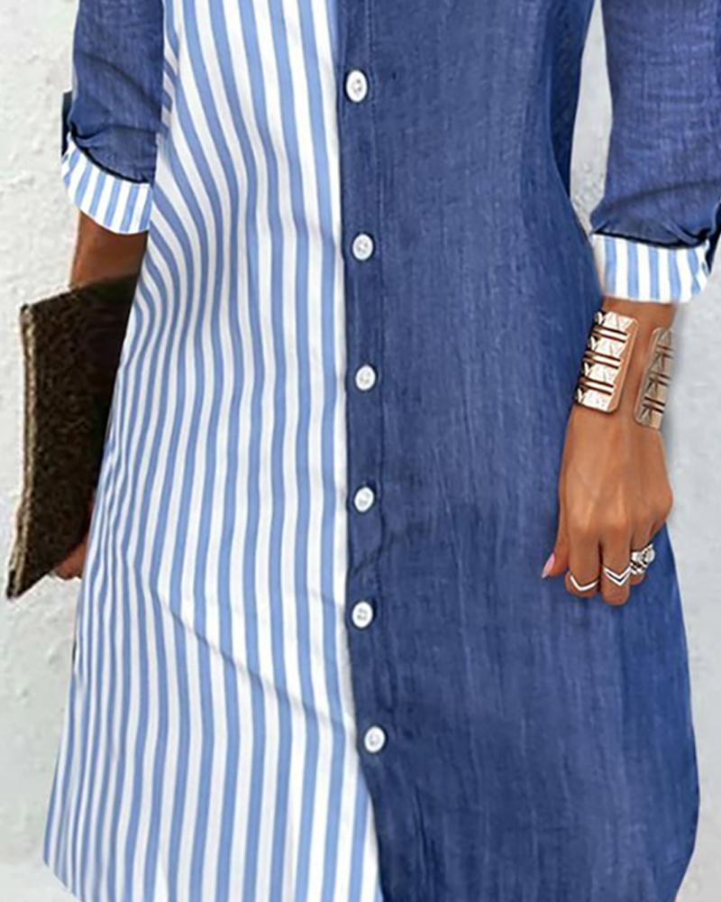Striped Colorblock Buttoned Shirt Dress