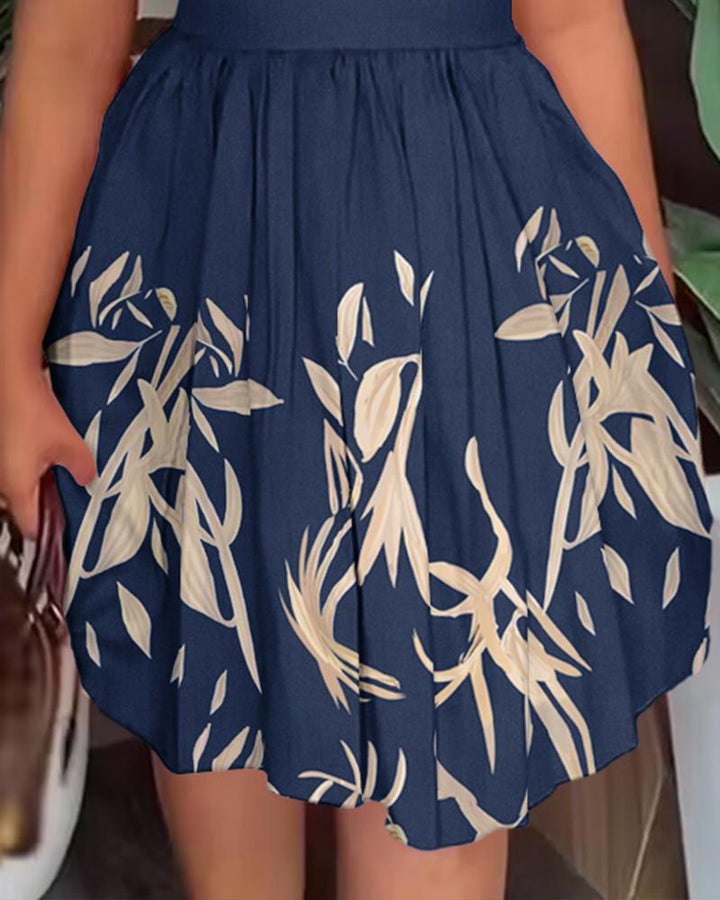 Plants Print Flutter Sleeve Pleated Casual Dress