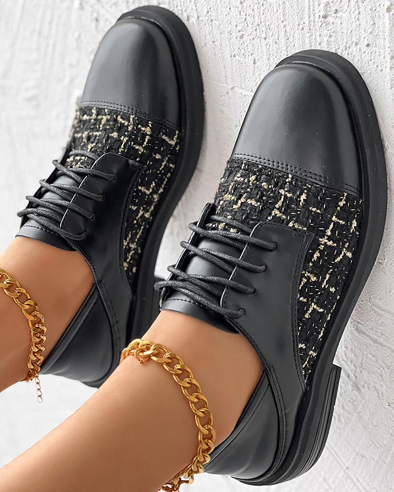 Tweed Patch Lace up Chunky Loafers