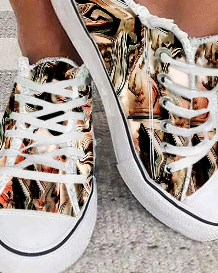 Marble Print Raw Hem Lace up Sneakers