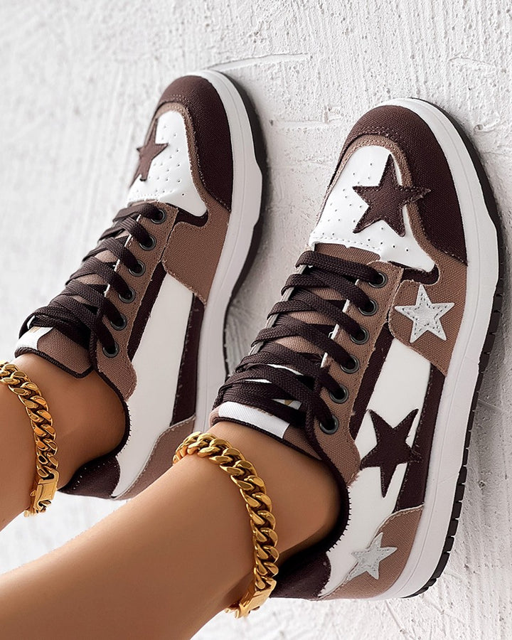 Colorblock Star Pattern Lace up Sneakers