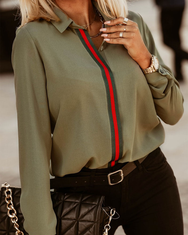 Striped Trim Long Sleeve Button Down Shirt