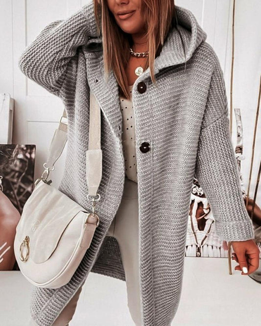 Long Sleeve Button Front Knit Hooded Cardigan