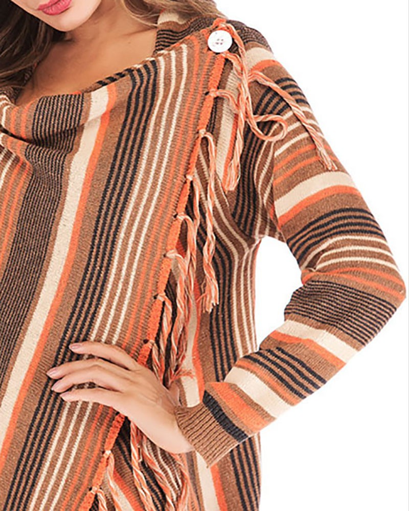 Tassel Decor Striped Print Long Sleeve Cardigan