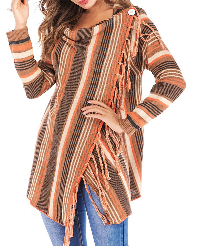 Tassel Decor Striped Print Long Sleeve Cardigan
