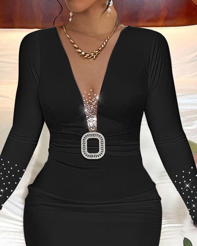 Rhinestone Plunge Sheer Mesh Patch Buckled Bodycon Dress