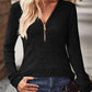 Zipper Design Long Sleeve Ribbed Top