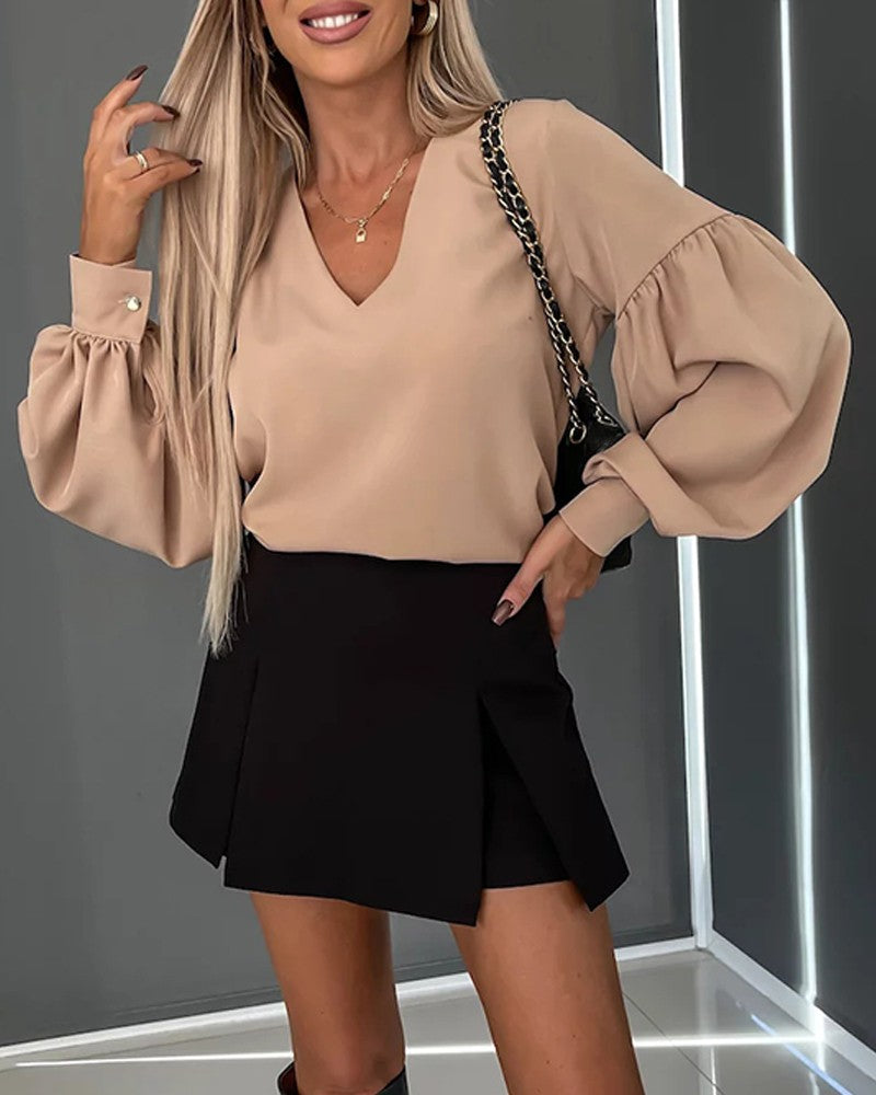 V Neck Lantern Sleeve Ruched Top