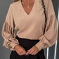 V Neck Lantern Sleeve Ruched Top