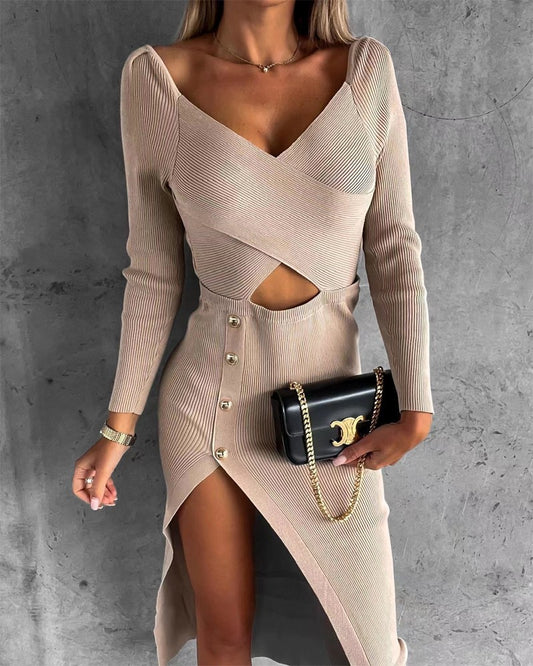 Crisscross Cutout Long Sleeve High Slit Dress