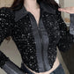 Contrast Sequin Zipper Design Patchwork Jacket