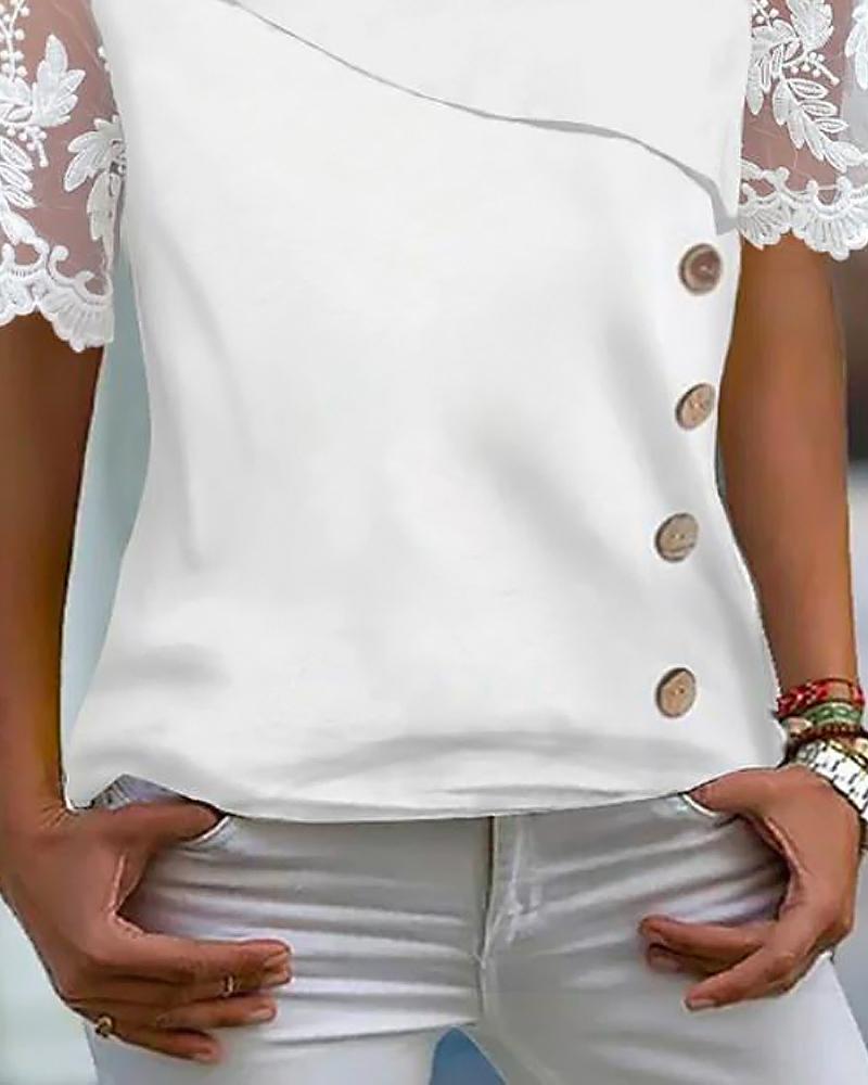 Asymmetrical Neck Buttoned Lace Patch Blouse
