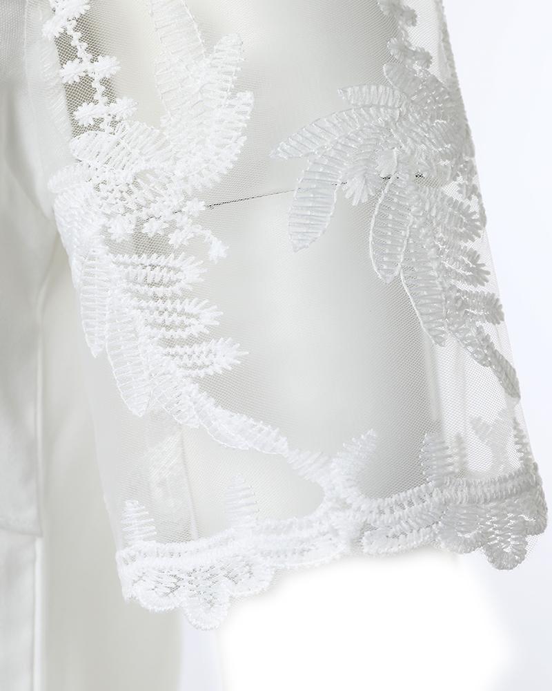 Asymmetrical Neck Buttoned Lace Patch Blouse