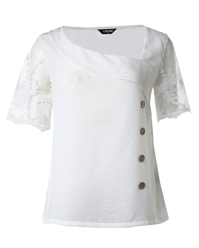 Asymmetrical Neck Buttoned Lace Patch Blouse