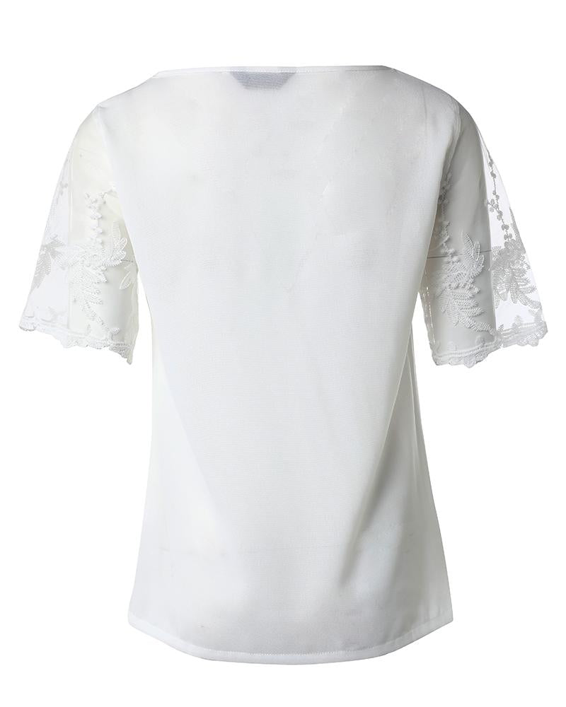 Asymmetrical Neck Buttoned Lace Patch Blouse
