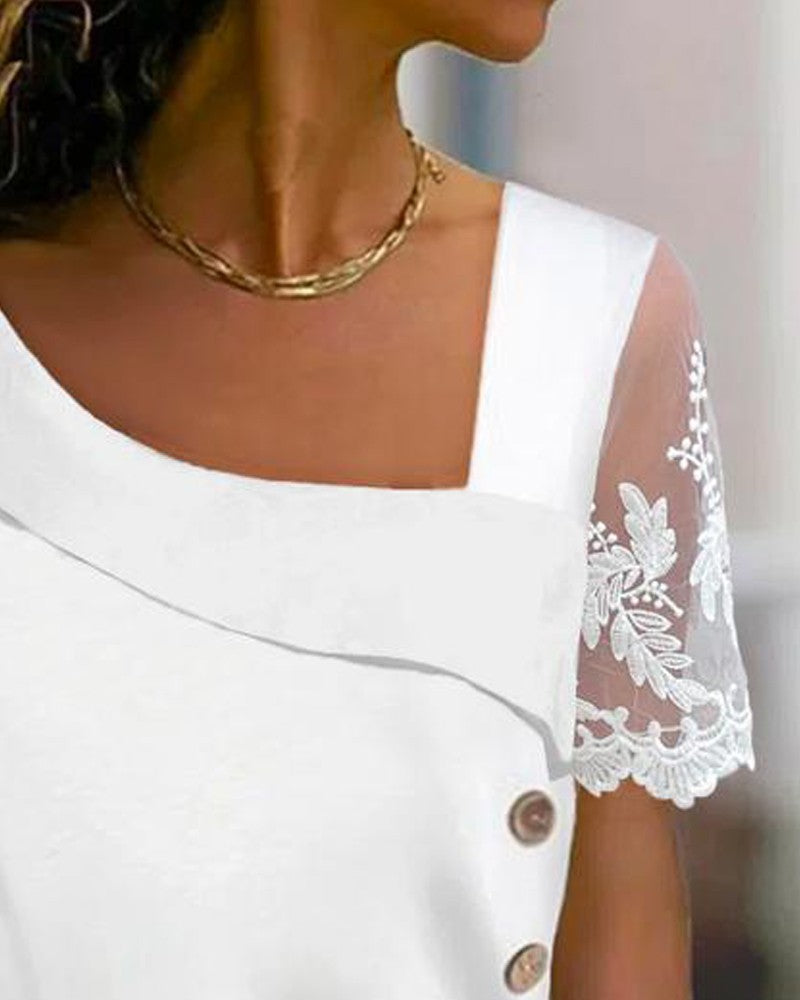 Asymmetrical Neck Buttoned Lace Patch Blouse