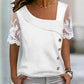 Asymmetrical Neck Buttoned Lace Patch Blouse