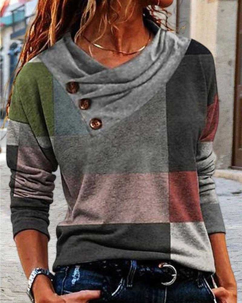 Geometric Print Ruched Buttoned Long Sleeve Top