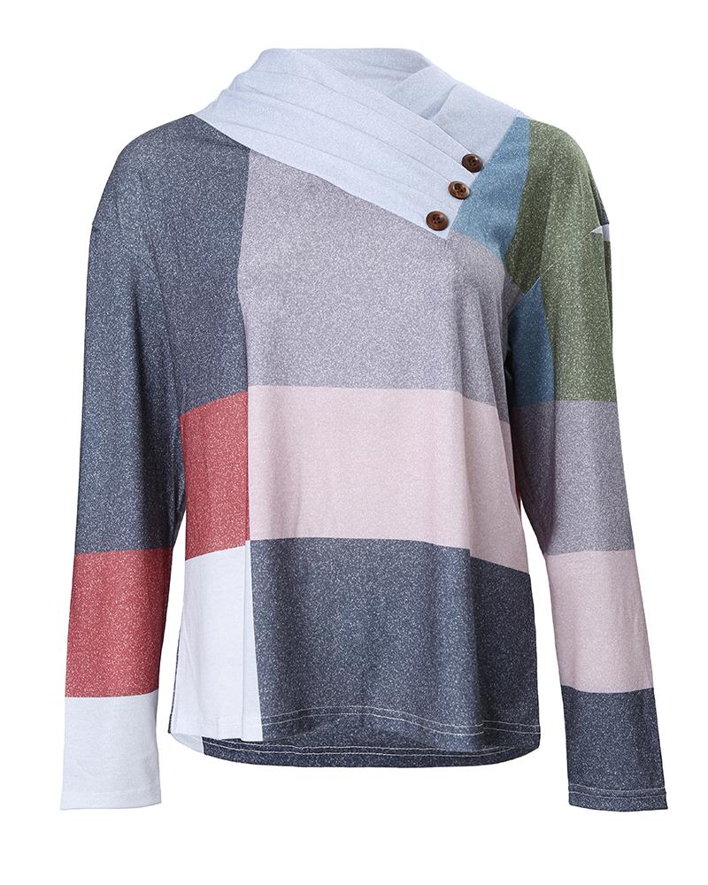 Geometric Print Ruched Buttoned Long Sleeve Top