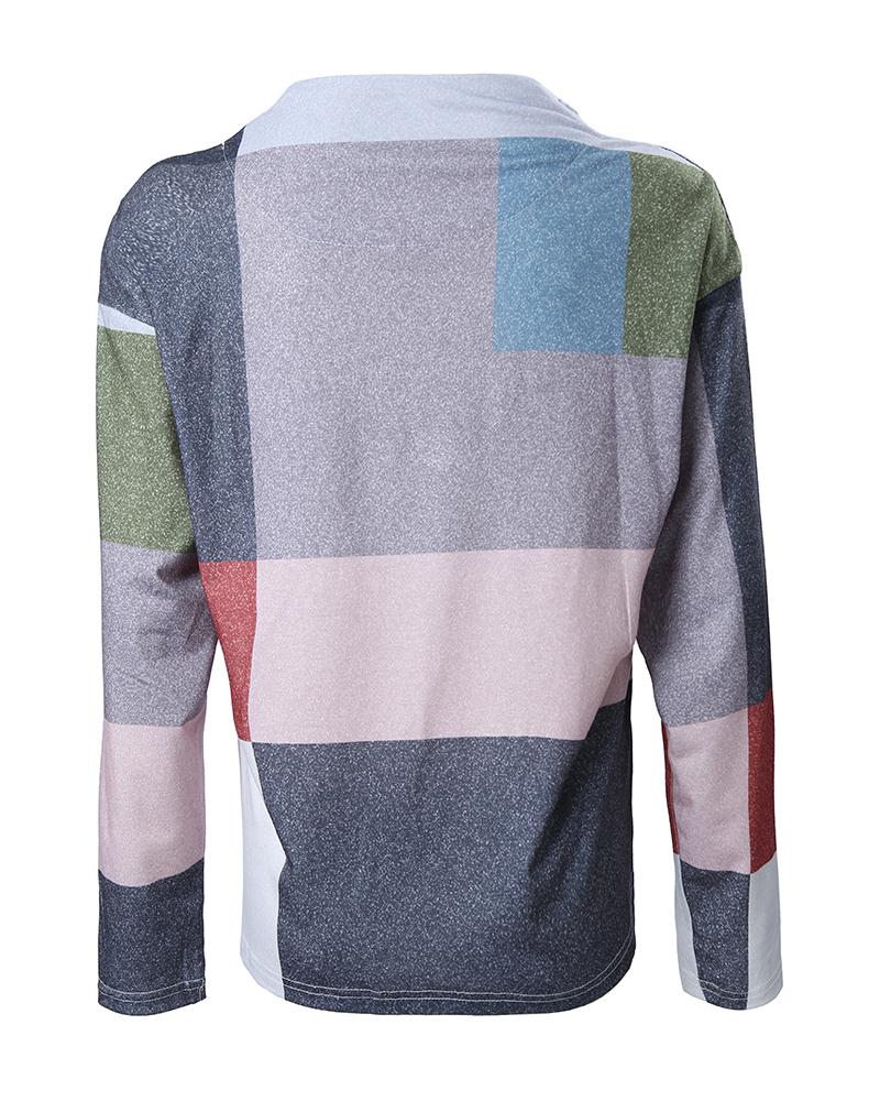 Geometric Print Ruched Buttoned Long Sleeve Top