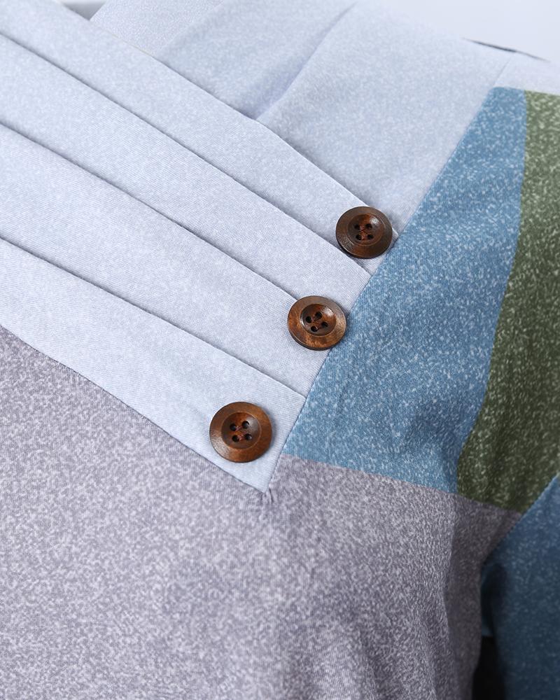 Geometric Print Ruched Buttoned Long Sleeve Top