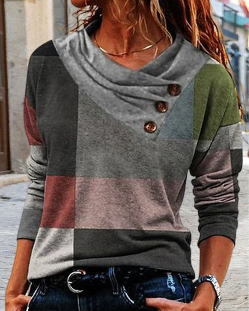 Geometric Print Ruched Buttoned Long Sleeve Top