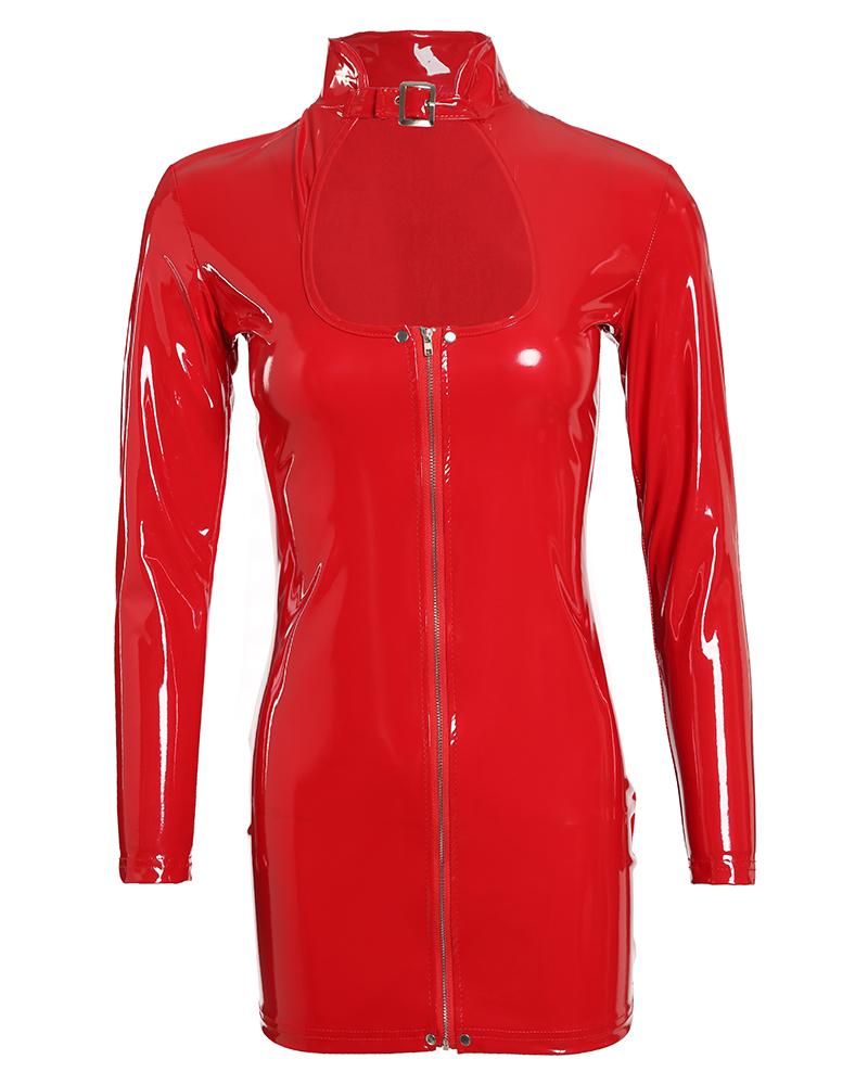 PU Leather Cutout Buckle Zipper Decor Babydoll