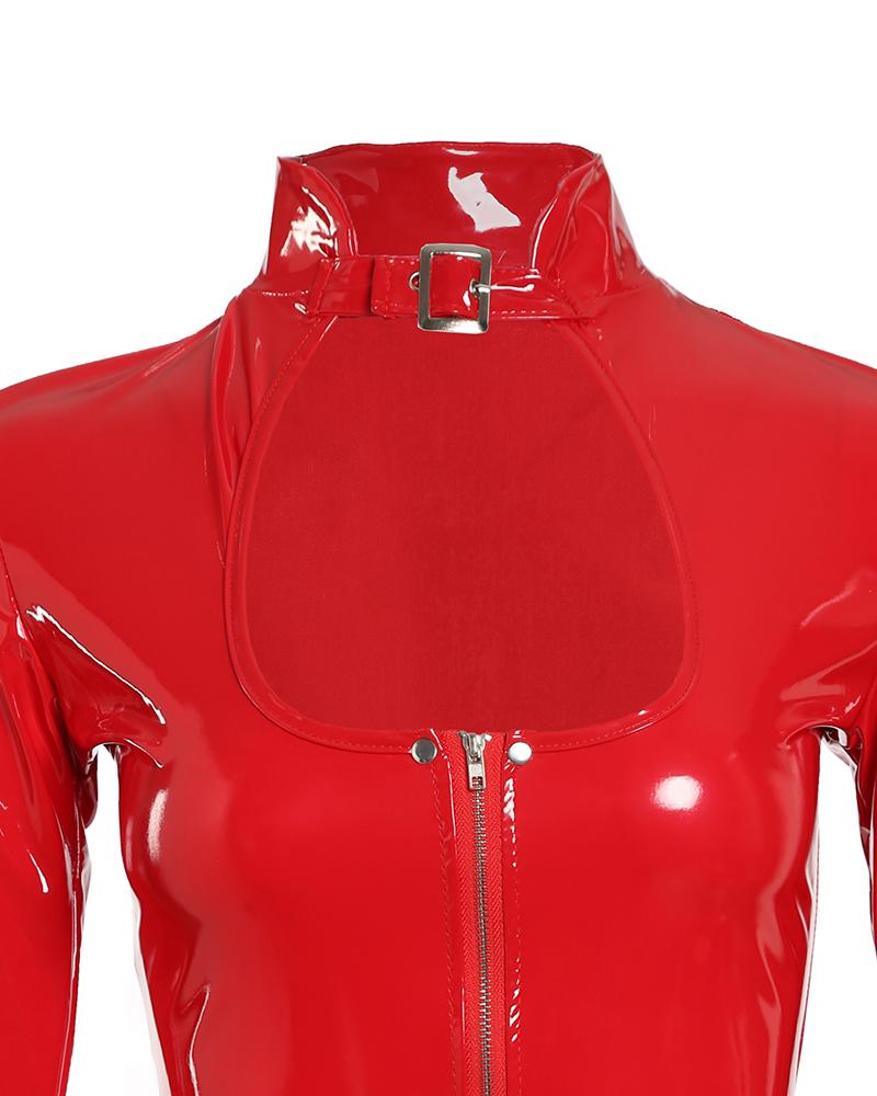 PU Leather Cutout Buckle Zipper Decor Babydoll