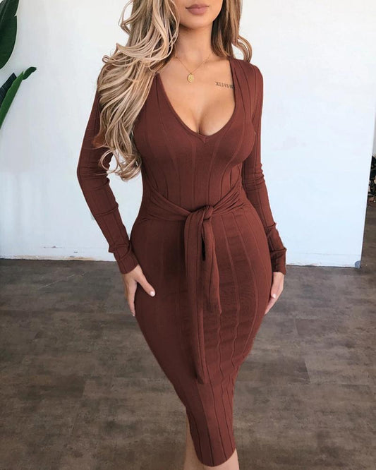 Ribbed Long Sleeve Tied Detail Bodycon Dress