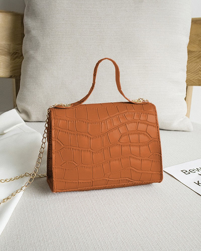 Croc Embossed Twist Lock Flap Satchel Bag