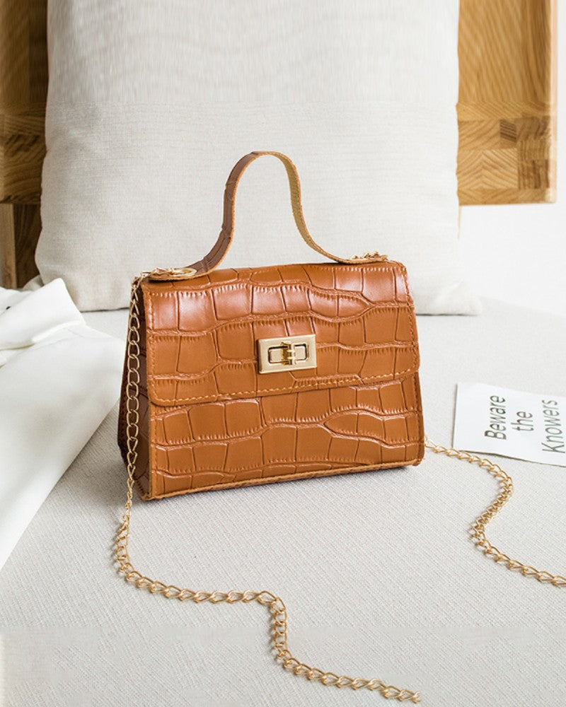 Croc Embossed Twist Lock Flap Satchel Bag