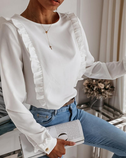 Button Design Frill Hem Long Sleeve Blouse