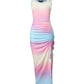 Ombre Print Ribbed Drawstring Ruched High Slit Dress
