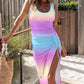 Ombre Print Ribbed Drawstring Ruched High Slit Dress