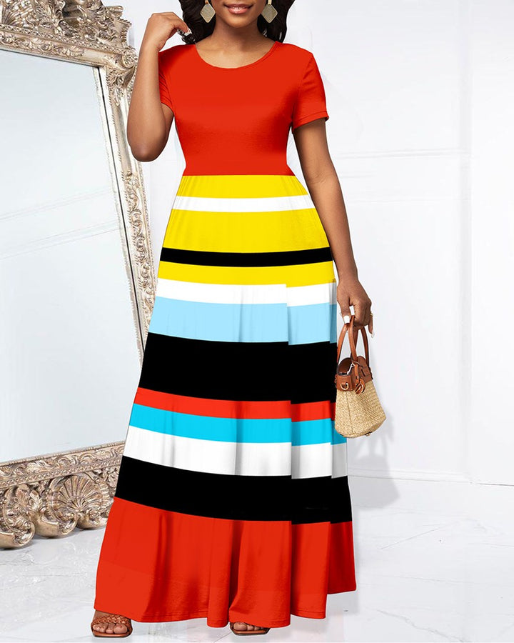 Striped Ruched Short Sleeve Maxi Dress