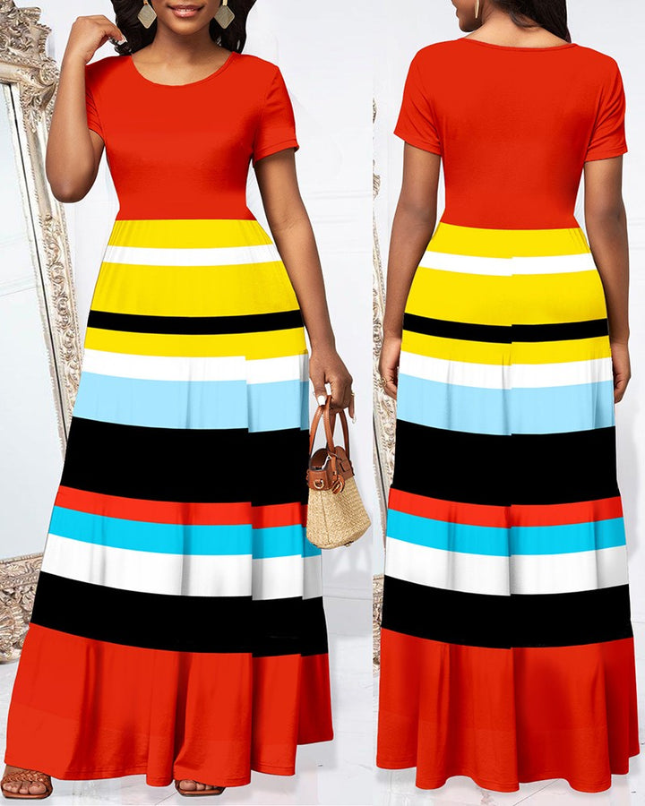 Striped Ruched Short Sleeve Maxi Dress