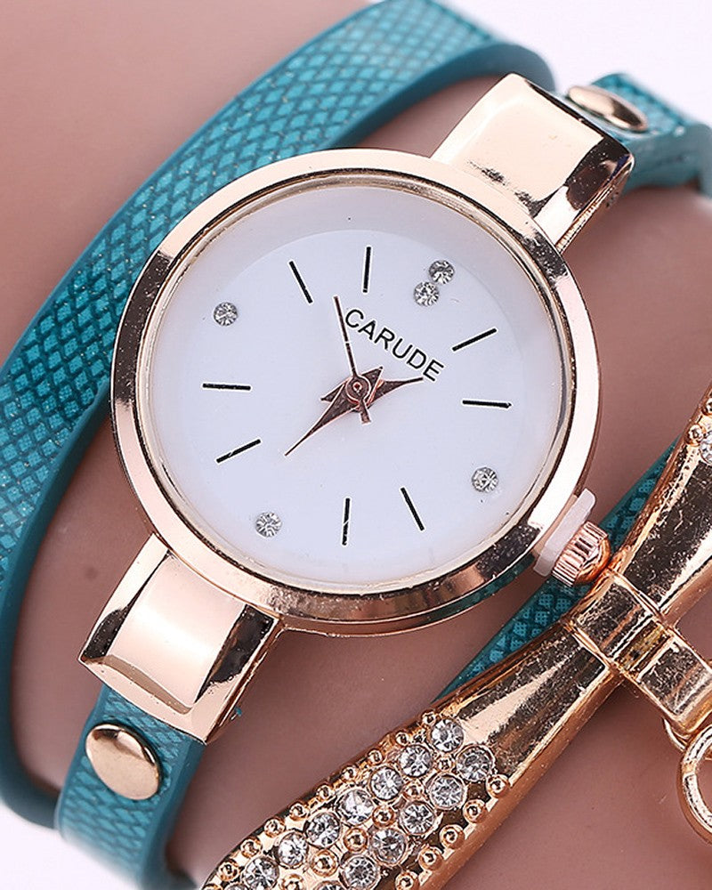 Minimalist PU Leather Rhinestone Quartz Wrist Watch & Bracelet Set