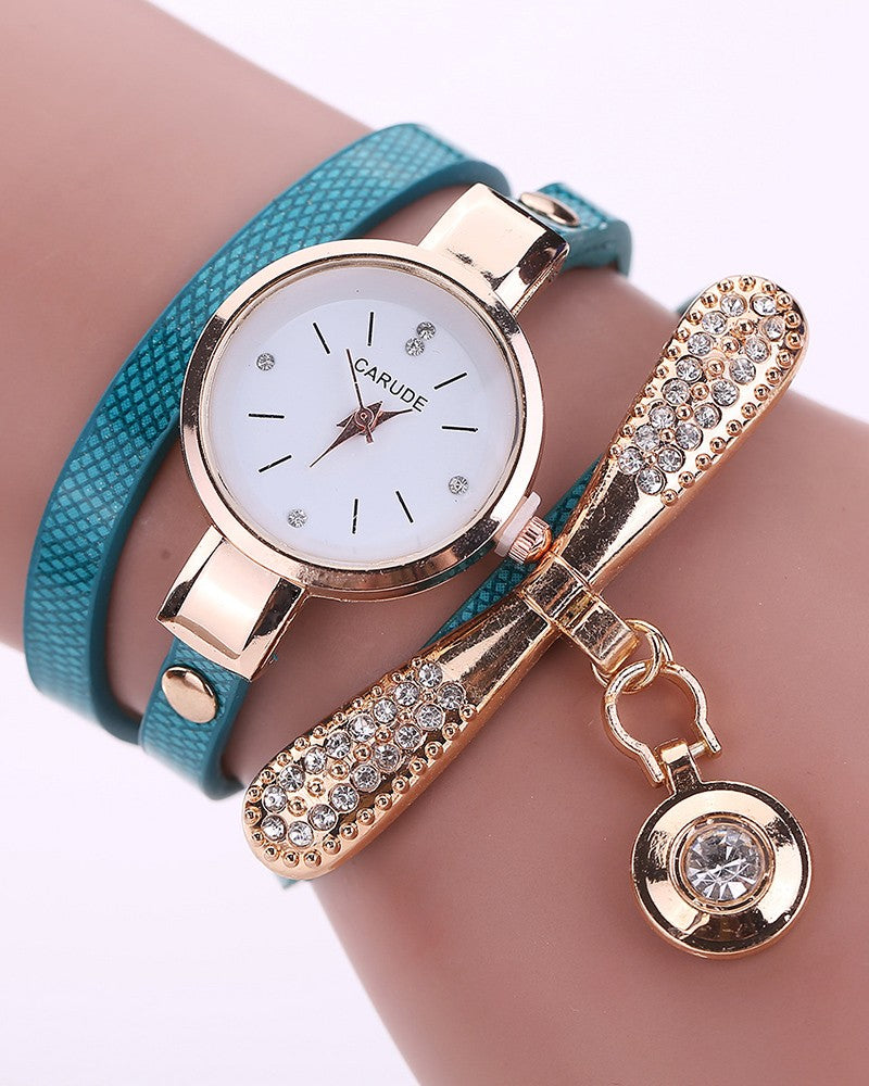Minimalist PU Leather Rhinestone Quartz Wrist Watch & Bracelet Set